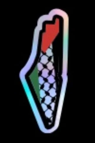 ملصق خريطة فلسطين بألوان العلم والكوفية
